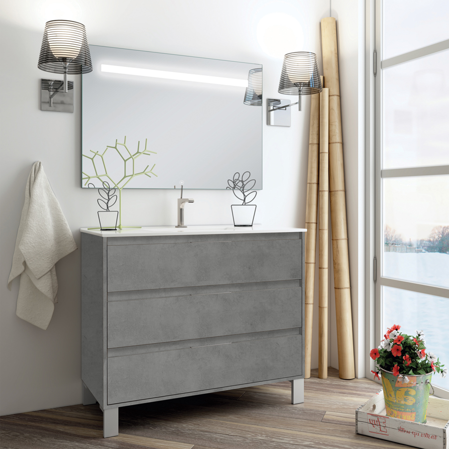 Meuble de salle de bain simple vasque 3 tiroirs TIRIS 3C et miroir Led STAM ciment (gris) 100 cm COSYNEO SIRTIRIS100STAMCIM