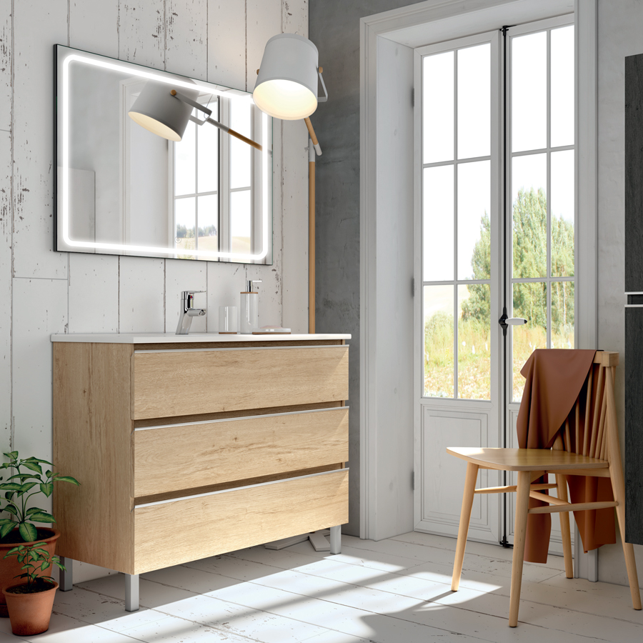Meuble de salle de bain simple vasque 3 tiroirs PALMA et miroir Led VELDI bambou (chêne clair) 80 cm COSYNEO ING3CPALMA80VELDIBAM