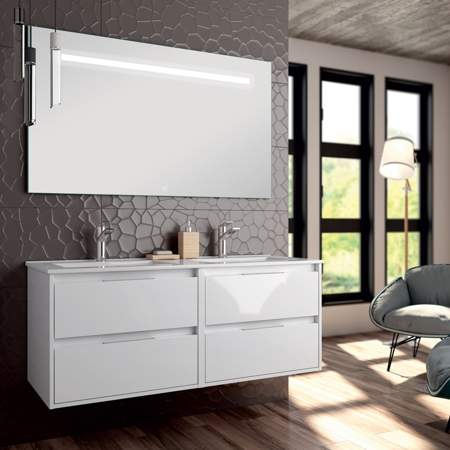 Meuble de salle de bain double vasque 4 tiroirs IRIS et miroir Led STAM blanc 120 cm COSYNEO SIRIRIS120STAMBLA