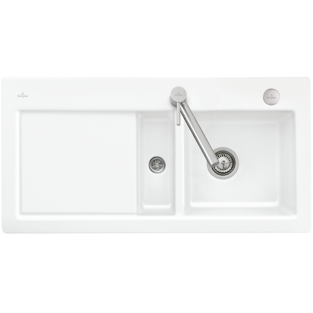 Evier 1 bac et demi avec egouttoir a gauche VILLEROY ET BOCH Subway Pure 60 100 x 51 cm Blanc vidage automatique inclus