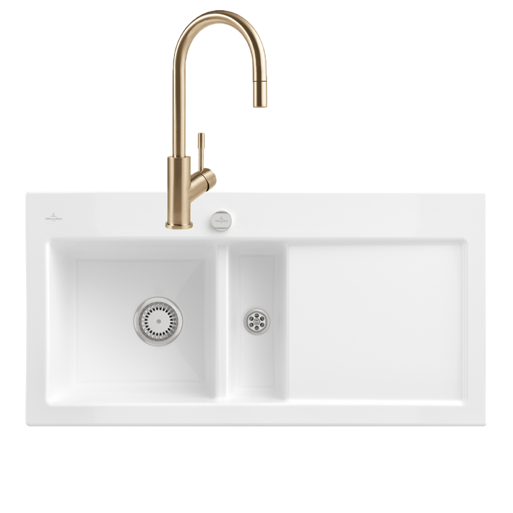Evier VILLEROY ET BOCH Subway Pure 60 1 bac et demi égouttoir à droite vidage auto + Robinet Umbrella Flex Or Mat