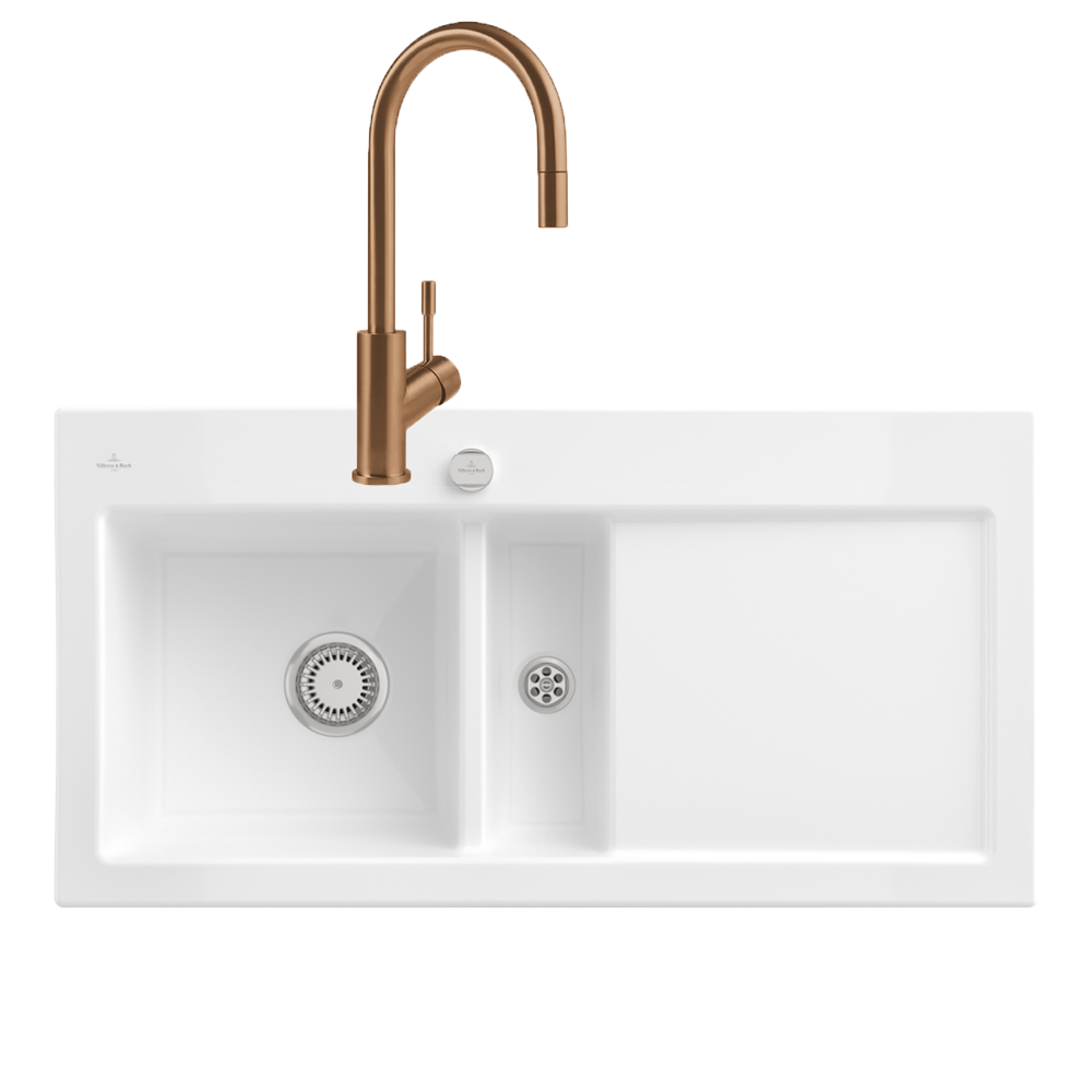Evier VILLEROY ET BOCH Subway Pure 60 1 bac et demi égouttoir à droite vidage auto + Robinet Umbrella Flex Bronze