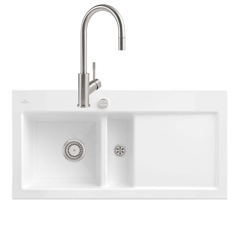Evier VILLEROY ET BOCH Subway Pure 60 1 bac et demi égouttoir à droite vidage auto + Robinet Umbrella Flex Acier Massif