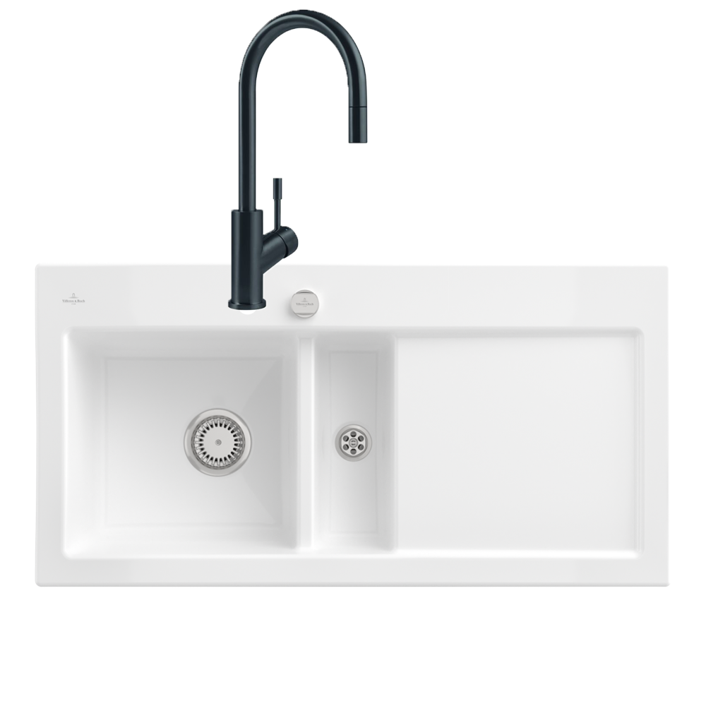 Evier VILLEROY ET BOCH Subway Pure 60 1 bac et demi égouttoir à droite vidage auto + Robinet Umbrella Flex Anthracite