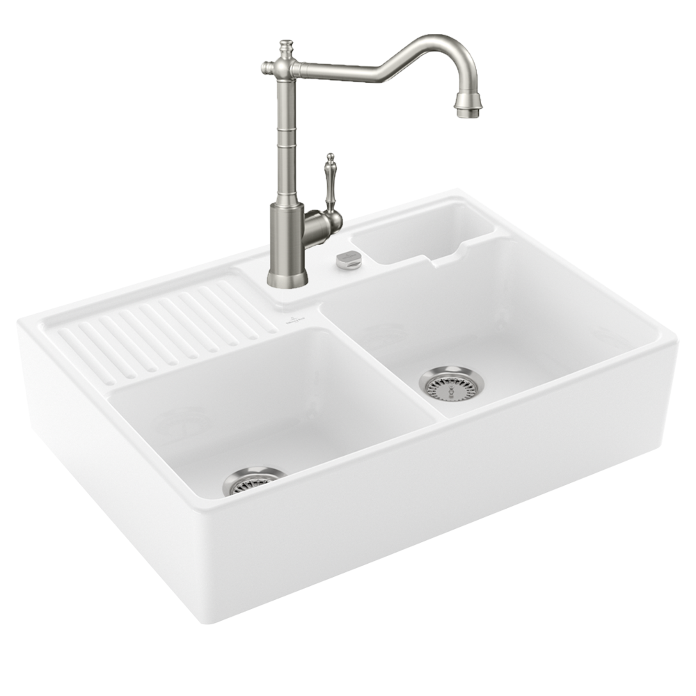 Evier VILLEROY ET BOCH Timbre d'office Tradition 2 bacs vidage auto + Robinet de cuisine Avia 2.0 Acier Massif
