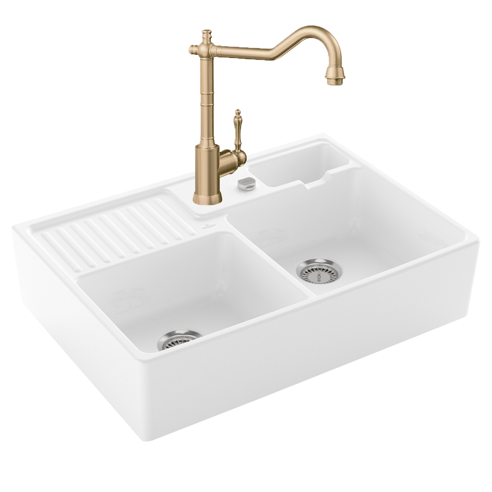 Evier VILLEROY ET BOCH Timbre d'office Tradition 2 bacs vidage auto + Robinet de cuisine Avia 2.0 Or Mat