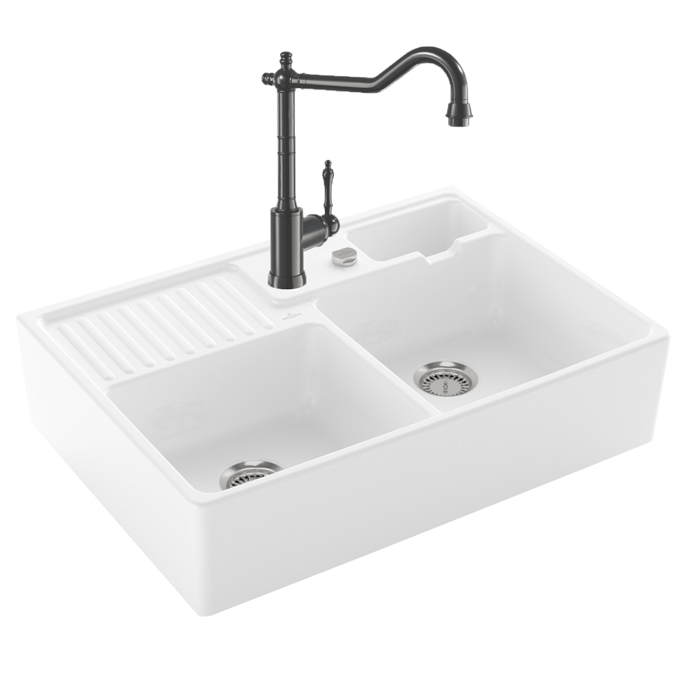 Evier VILLEROY ET BOCH Timbre d'office Tradition 2 bacs vidage auto + Robinet de cuisine Avia 2.0 Anthracite