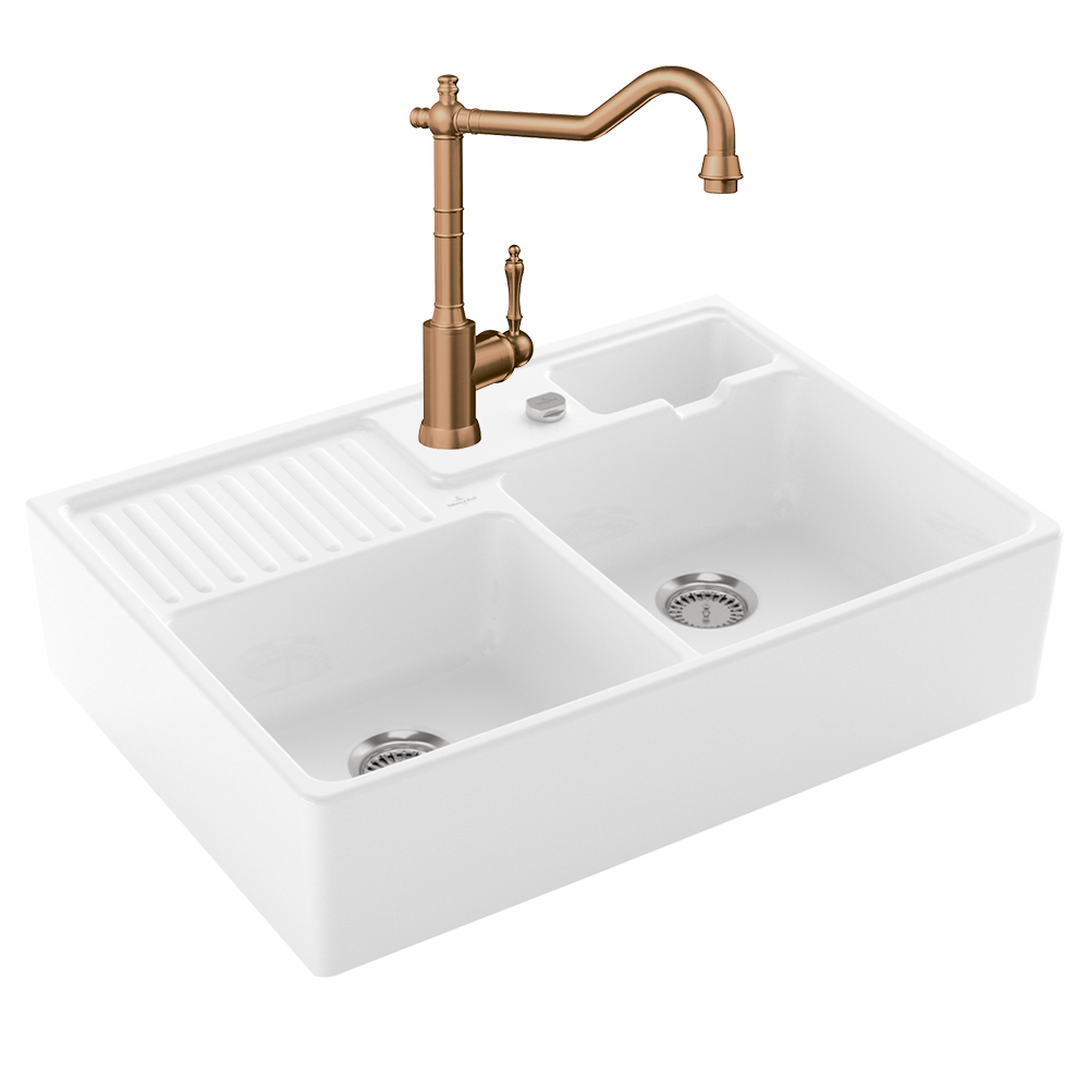 Evier VILLEROY ET BOCH Timbre d'office Tradition 2 bacs vidage auto + Robinet de cuisine Avia 2.0 Bronze