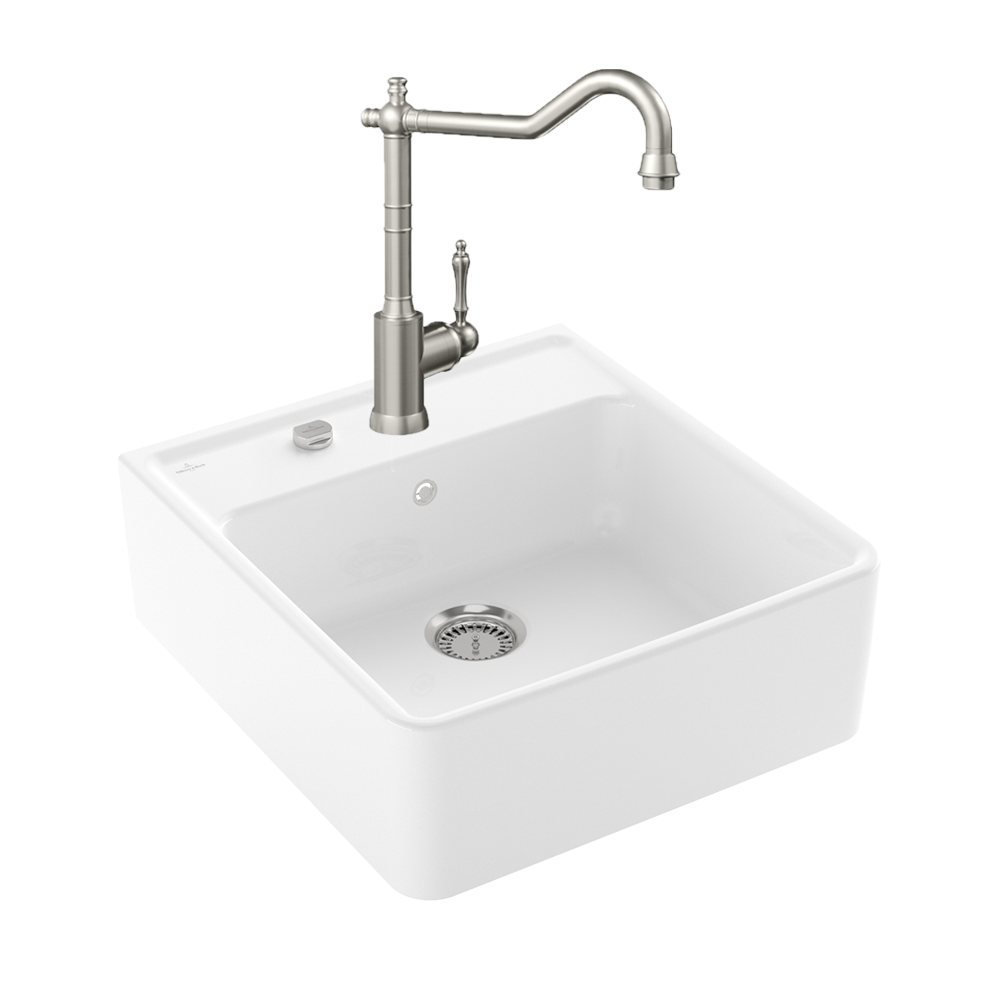 Evier VILLEROY ET BOCH Timbre d'office Tradition 1 bac vidage auto + Robinet de cuisine Avia 2.0 Acier Massif