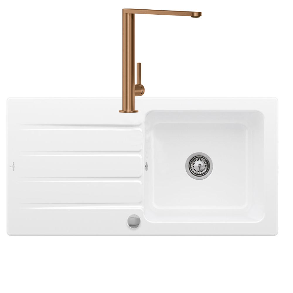 Evier 1 bac VILLEROY ET BOCH Architectura 60 vidage auto + Robinet de cuisine Finera Bronze