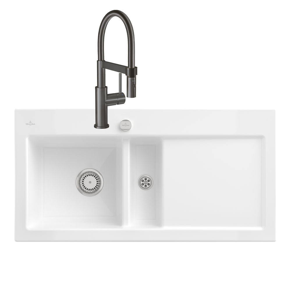 Evier VILLEROY ET BOCH Subway Pure 60 1 bac et demi égouttoir à droite vidage auto + Robinet Steel Expert Compact Anthracite