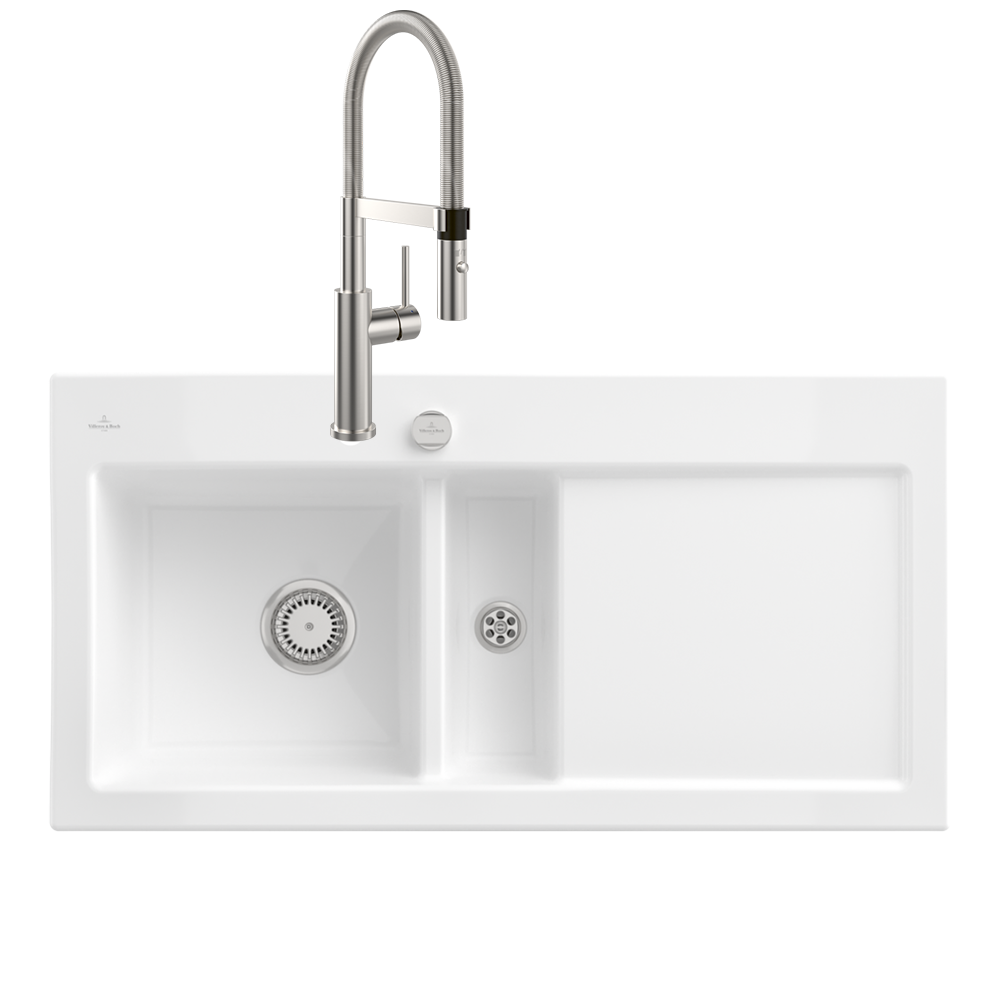 Evier VILLEROY ET BOCH Subway Pure 60 1 bac et demi égouttoir à droite vidage auto + Robinet Steel Expert 2.0 Acier Massif