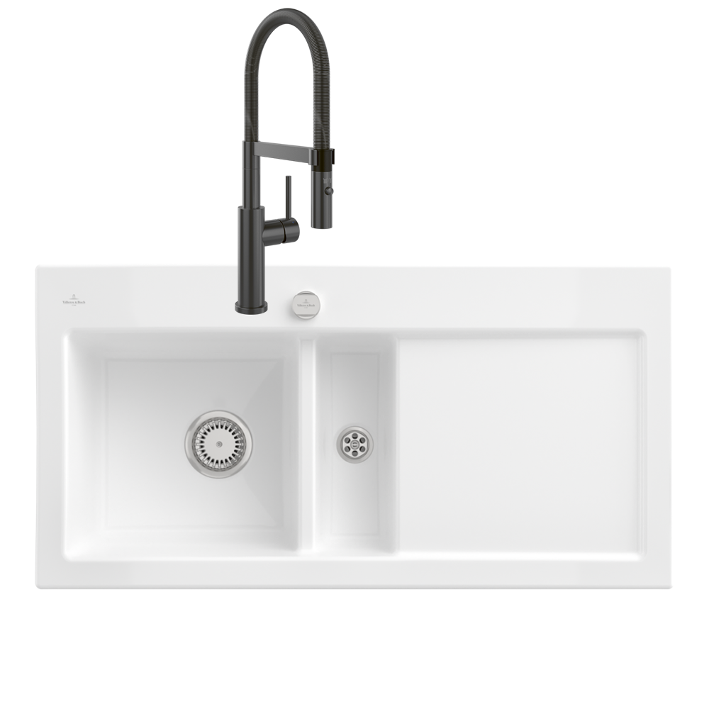Evier VILLEROY ET BOCH Subway Pure 60 1 bac et demi égouttoir à droite vidage auto + Robinet Steel Expert 2.0 Anthracite