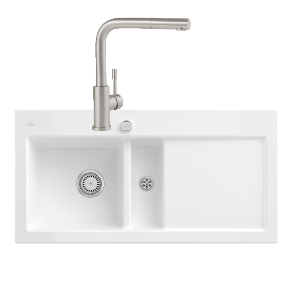 Evier VILLEROY ET BOCH Subway Pure 60 1 bac et demi égouttoir à droite vidage auto + Robinet Steel Shower Acier Massif
