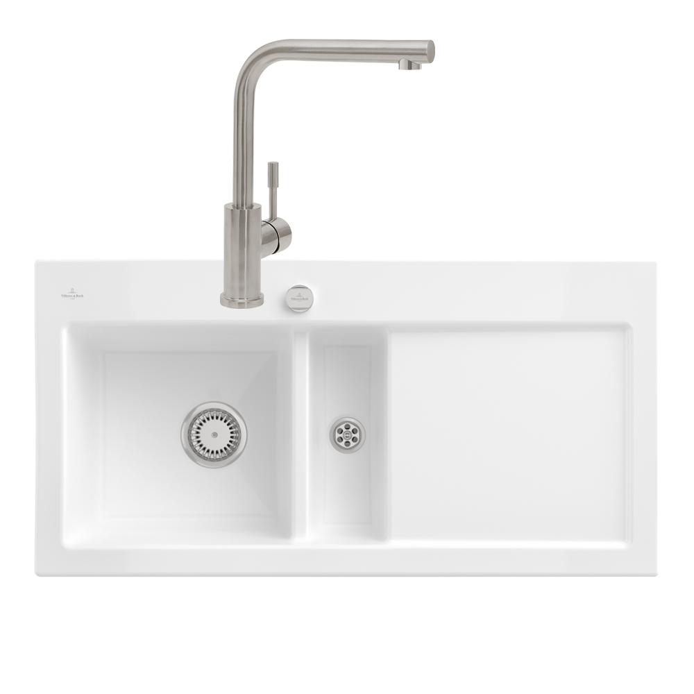 Evier VILLEROY ET BOCH Subway Pure 60 1 bac et demi égouttoir à droite vidage auto + Robinet Modern Steel Acier Massif