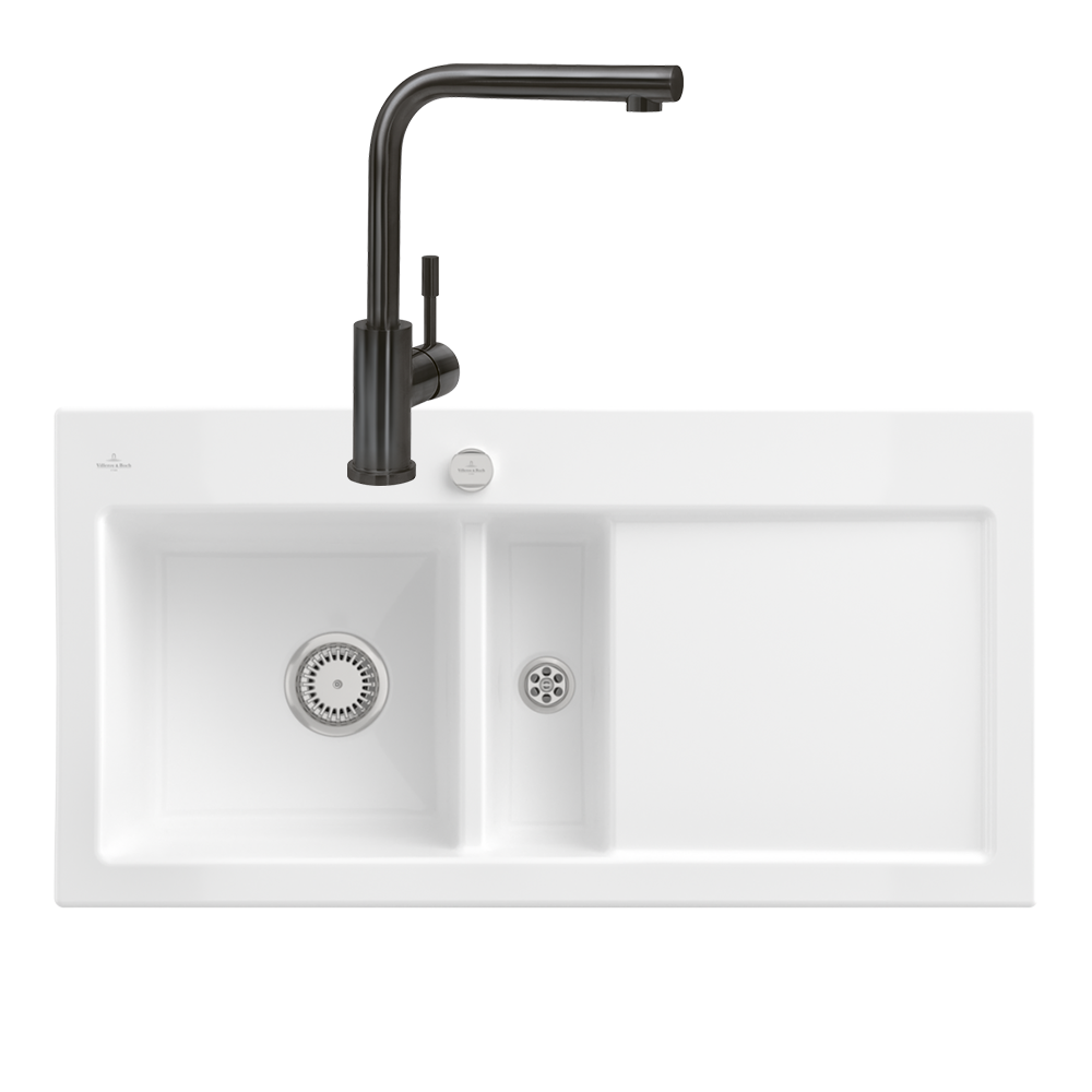 Evier VILLEROY ET BOCH Subway Pure 60 1 bac et demi égouttoir à droite vidage auto + Robinet Modern Steel Anthracite