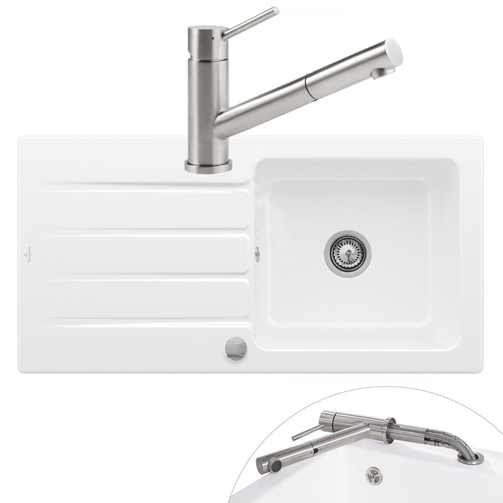 Evier 1 bac VILLEROY ET BOCH Architectura 60 vidage auto + Robinet de cuisine Como Shower Window Acier Massif