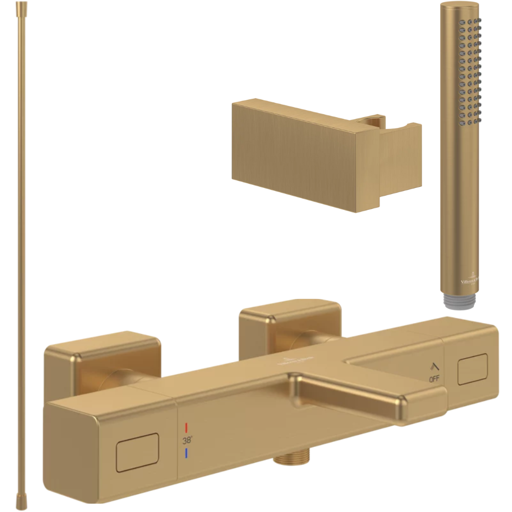 Pack mitigeur baignoire thermostatique VILLEROY ET BOCH Universal carré or brossé avec ensemble