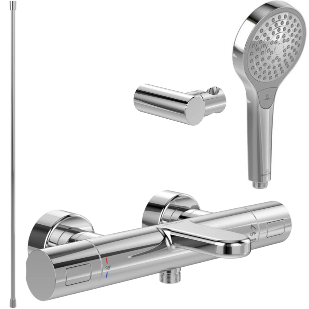 Pack mitigeur baignoire thermostatique VILLEROY ET BOCH Universal Taps & Fittings rond Chrome avec ensemble