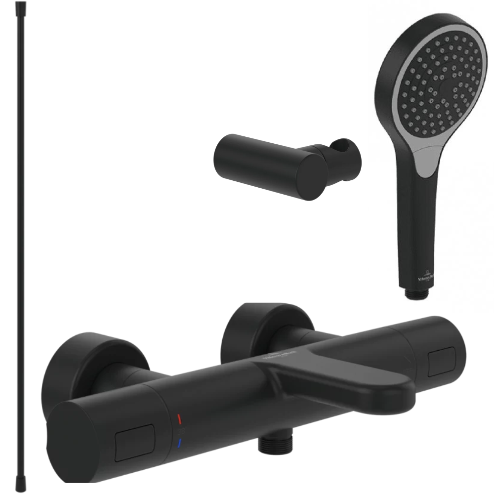 Pack mitigeur baignoire thermostatique VILLEROY ET BOCH Universal Taps & Fittings rond Noir mat avec ensemble
