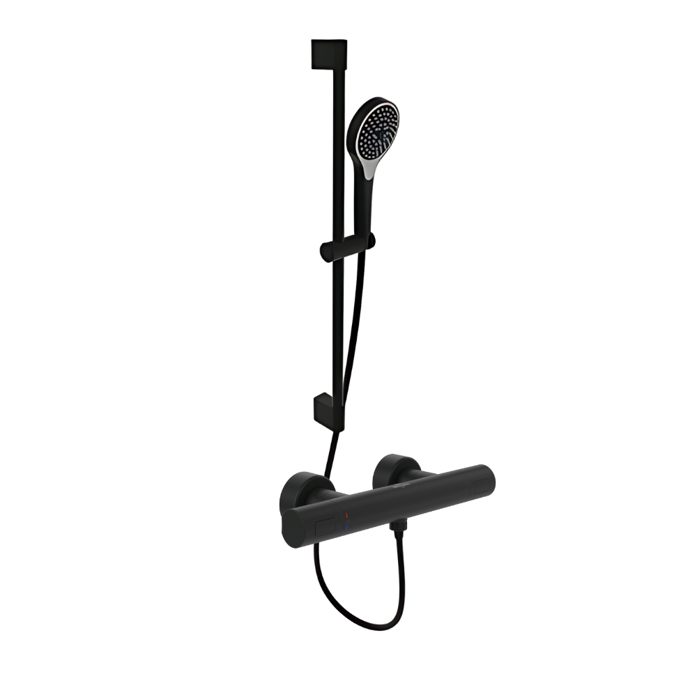 Mitigeur douche thermostatique VILLEROY ET BOCH Universal rond + Ensemble de douche Verve Showers 3 jets noir mat