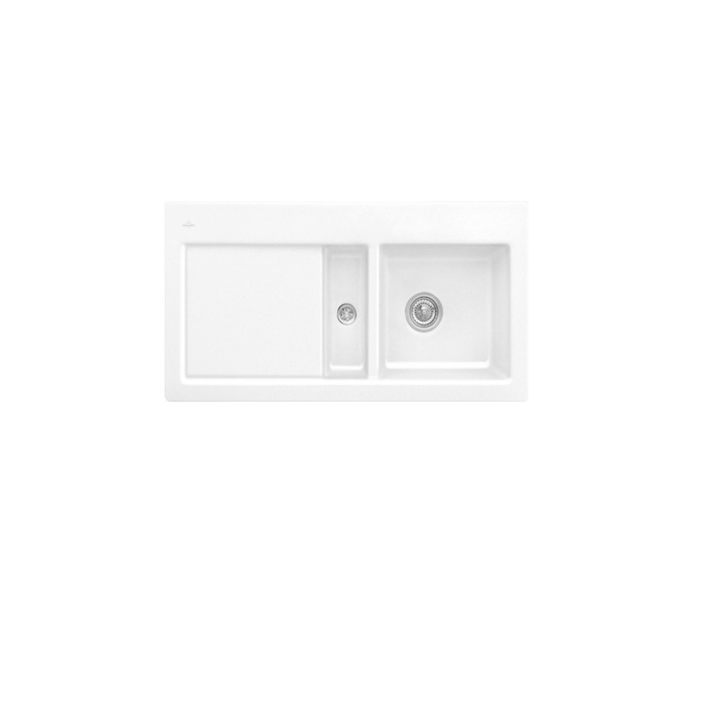 Evier 1 cuve et demi VILLEROY ET BOCH Subway 60 100 x 51 cm egouttoir a gauche Snow White CeramicPlus avec vidage manuel