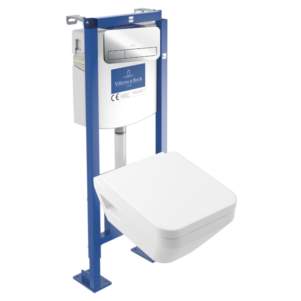 Pack WC suspendu sans bride Villeroy & Boch Architectura Twistflush e3 rectangle+bâti-support ViConnect+plaque chrome brillant