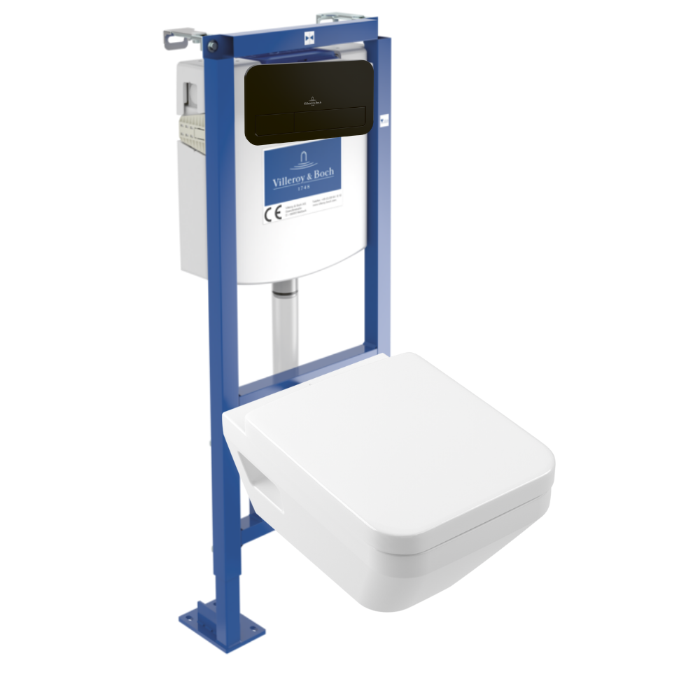 Pack WC suspendu sans bride Villeroy & Boch Architectura Twistflush e3 rectangle + bâti-support sol et mur + plaque noir