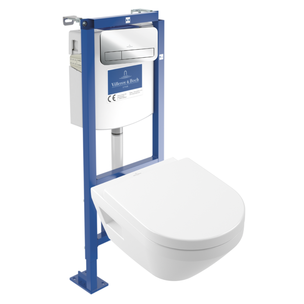 Pack WC suspendu sans bride Villeroy & Boch Architectura Twistflush e3 rond + bâti-support ViConnect + plaque chrome brillant