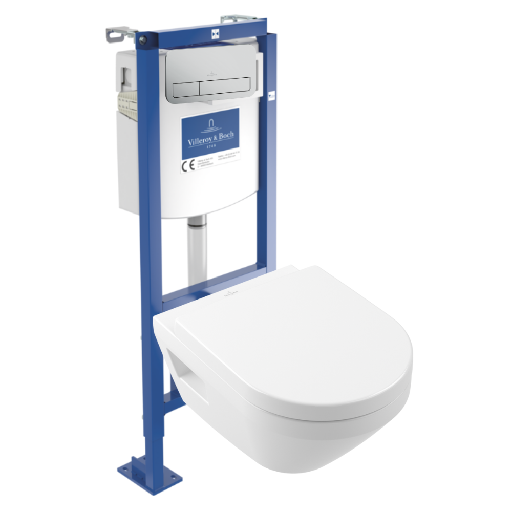 Pack WC suspendu sans bride Villeroy & Boch Architectura Twistflush e3 rond + bâti-support ViConnect + plaque chrome mat