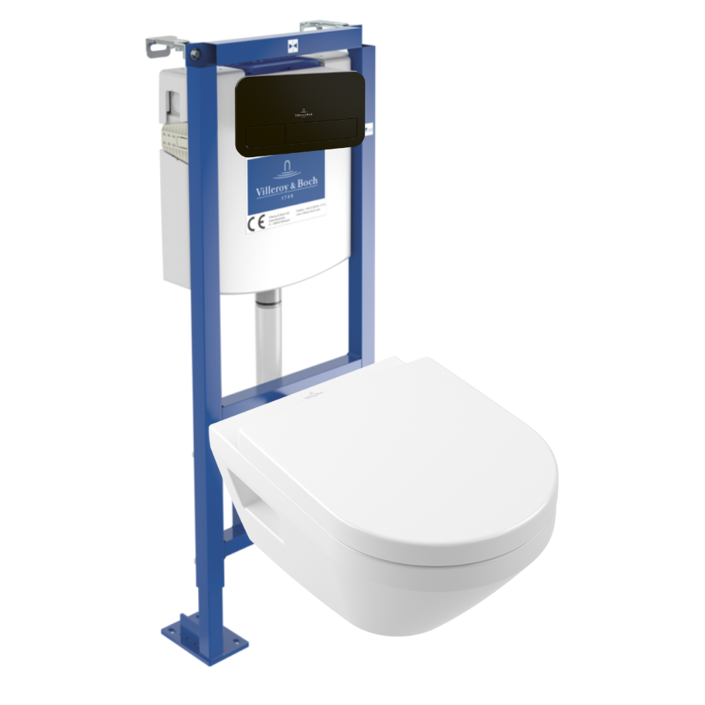 Pack WC suspendu sans bride Villeroy & Boch Architectura Twistflush e3 rond + bâti-support ViConnect + plaque noir