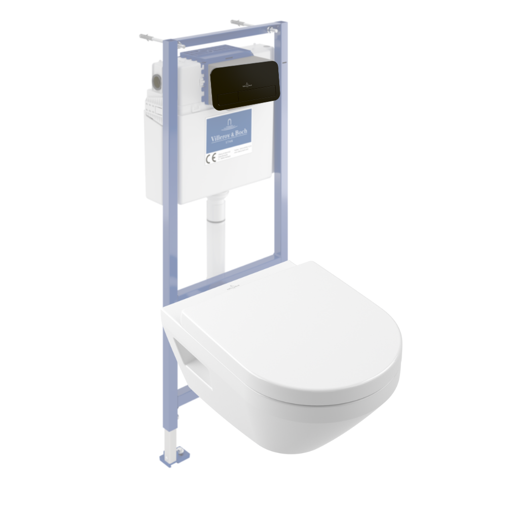 Pack WC suspendu sans bride Villeroy & Boch Architectura Twistflush e3 rond + bâti-support sol et mur + plaque noir