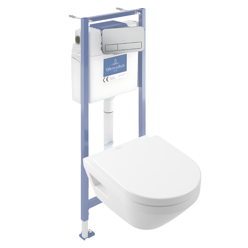 Pack WC suspendu sans bride Villeroy & Boch Architectura Twistflush e3 rond + bâti-support sol et mur + plaque chrome mat