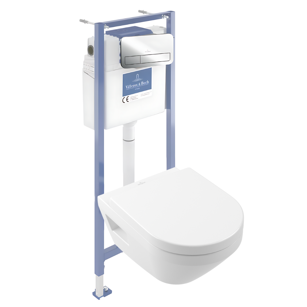 Pack WC suspendu sans bride Villeroy & Boch Architectura Twistflush e3 rond + bâti-support sol et mur + plaque chrome brillant