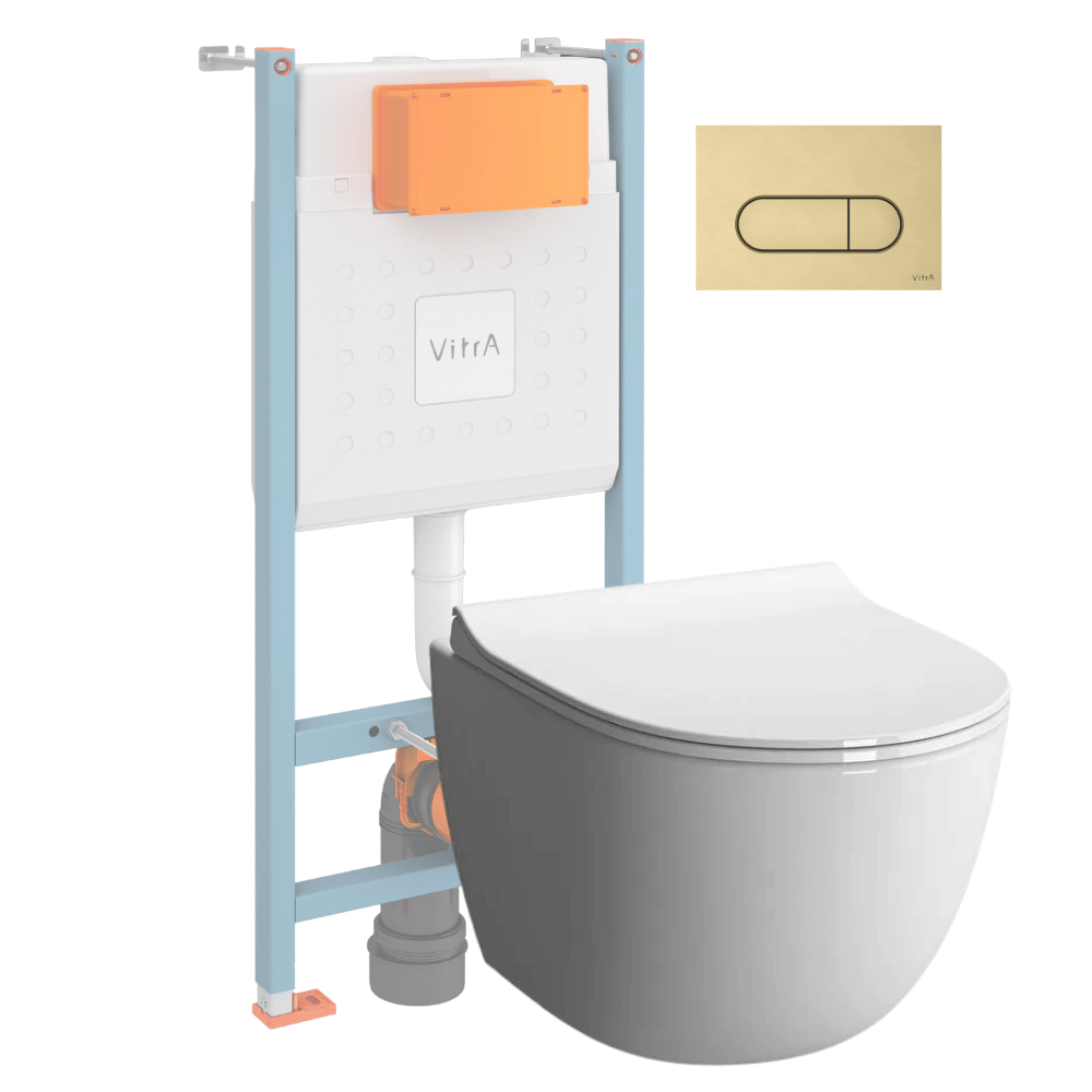 Pack WC suspendu VitrA Sento Blanc Compact + Bâti auto-portant V-Fix Core + Plaque Round Or brossé