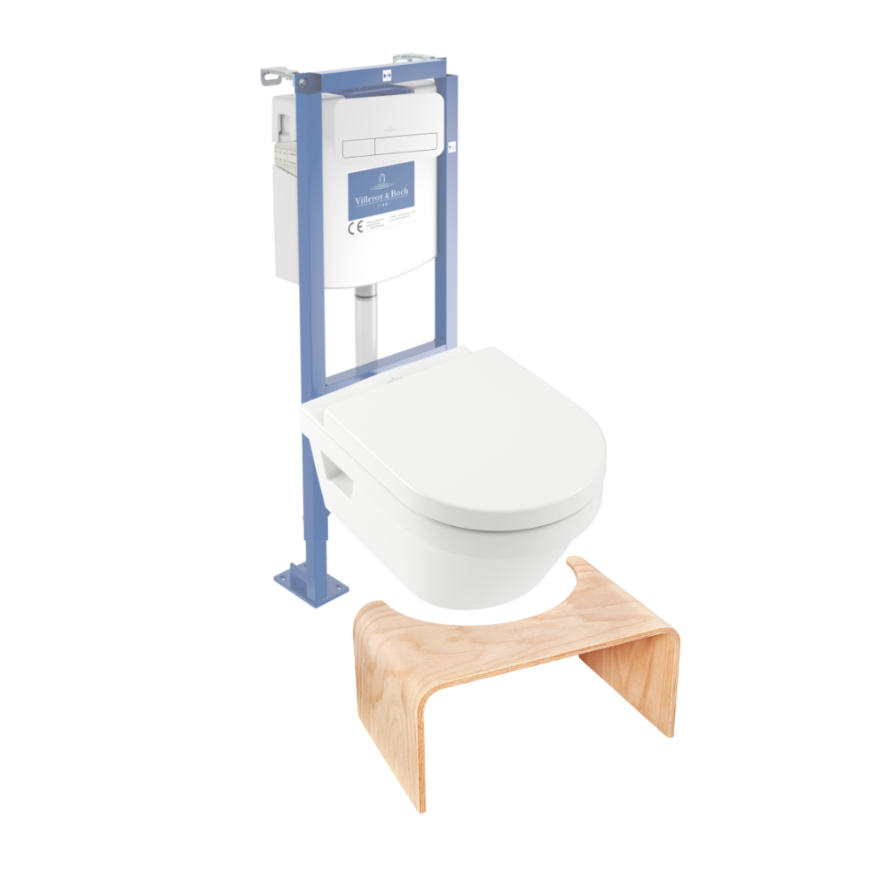 Pack WC suspendu sans bride VILLEROY ET BOCH Architectura 37 x 53 + abattant + plaque blanche + bâti + Tabouret bois