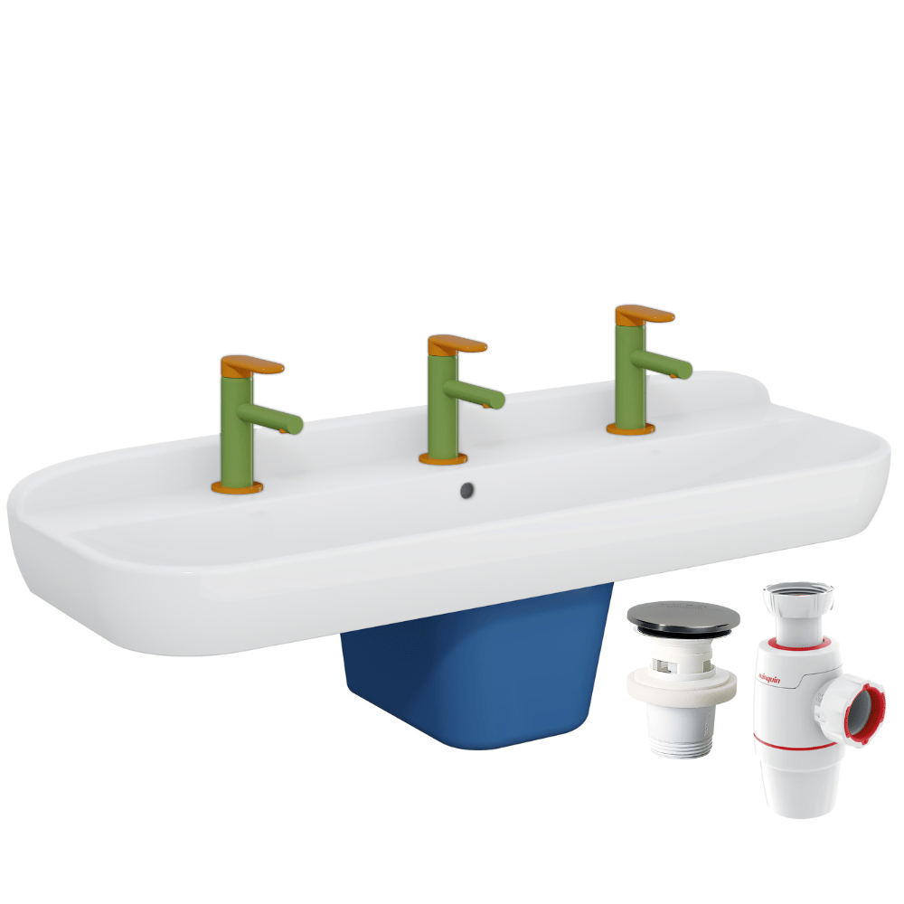 Lavabo pour enfant VitrA Sento Kids 125 cm + cache siphon bleu + 3 mitigeurs lavabo VitrA Sento Kids + siphon et bonde WIRQUIN