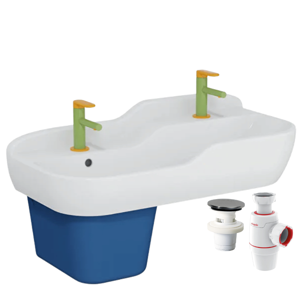 Lavabo pour enfant VitrA Sento Kids 85 cm + cache siphon bleu + 2 mitigeurs lavabo VitrA Sento Kids + siphon et bonde WIRQUIN