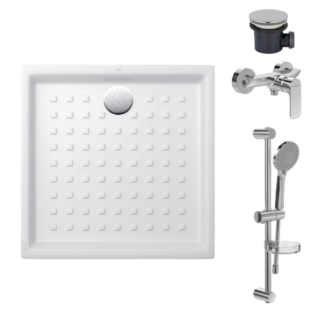 pack receveur 90 x 90 Villeroy & boch O Novo ceramique carré blanc avec bonde D90 et robinetterie