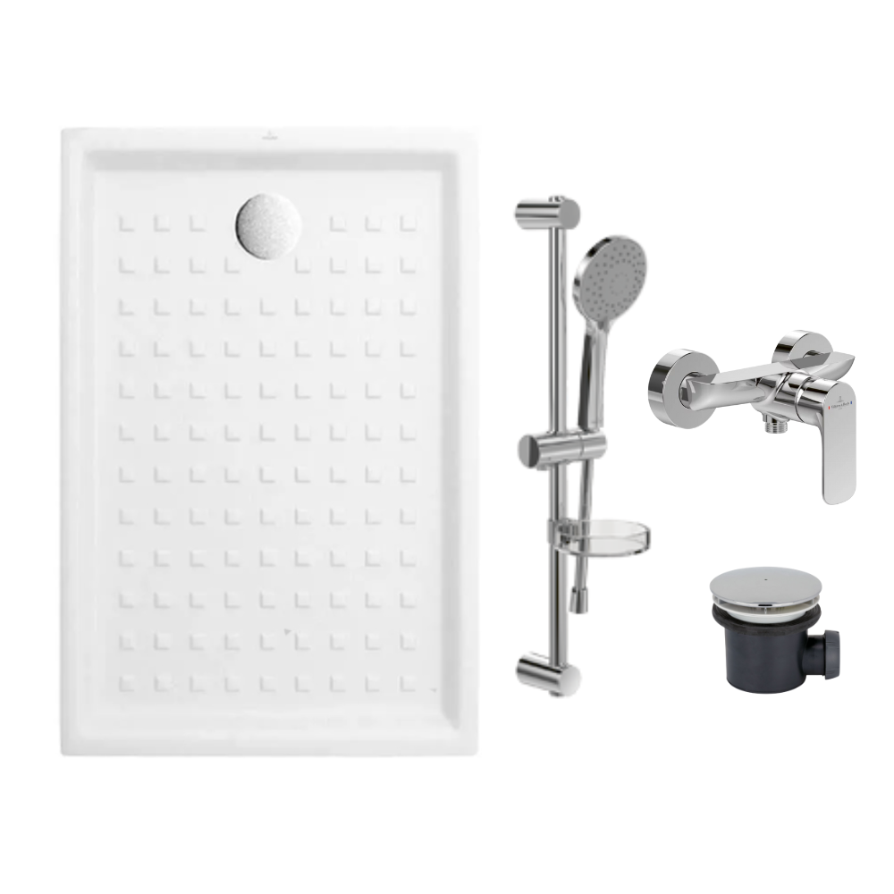 Pack receveur 120 x 90 VILLEROY ET BOCH O Novo céramique rectangle blanc avec bonde D90 et robinetterie