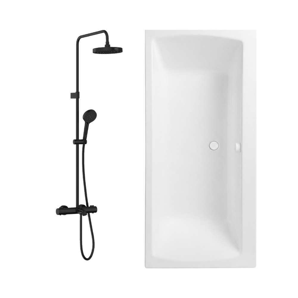 Baignoire droite 180x80cm avec pieds VITRA Neon blanc + Vidage WIRQUIN blanc + Colonne bain thermostatique douche noir mat