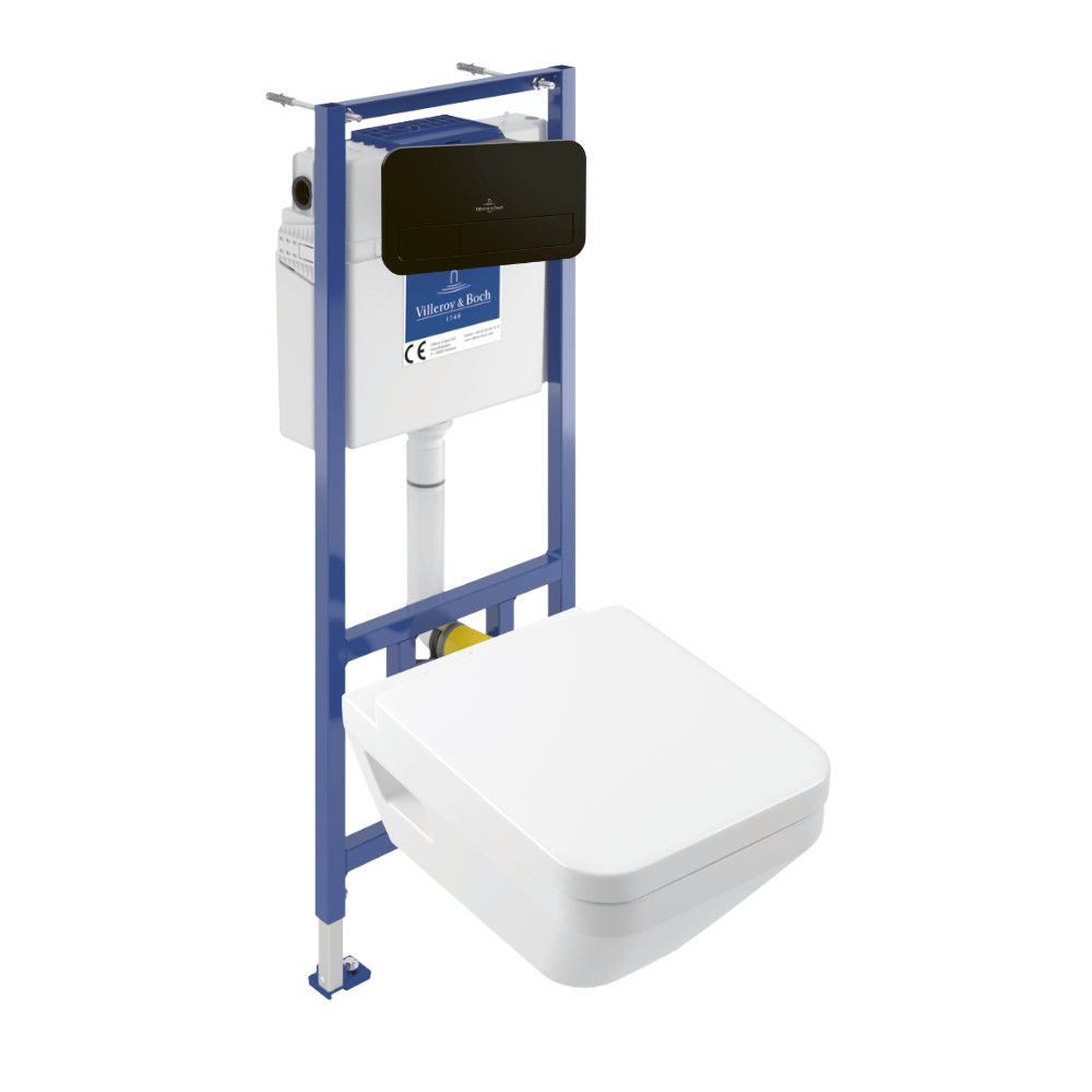 Pack WC suspendu sans bride Villeroy & Boch Architectura Twistflush e3 rectangle + bâti-support sol et mur + plaque noir