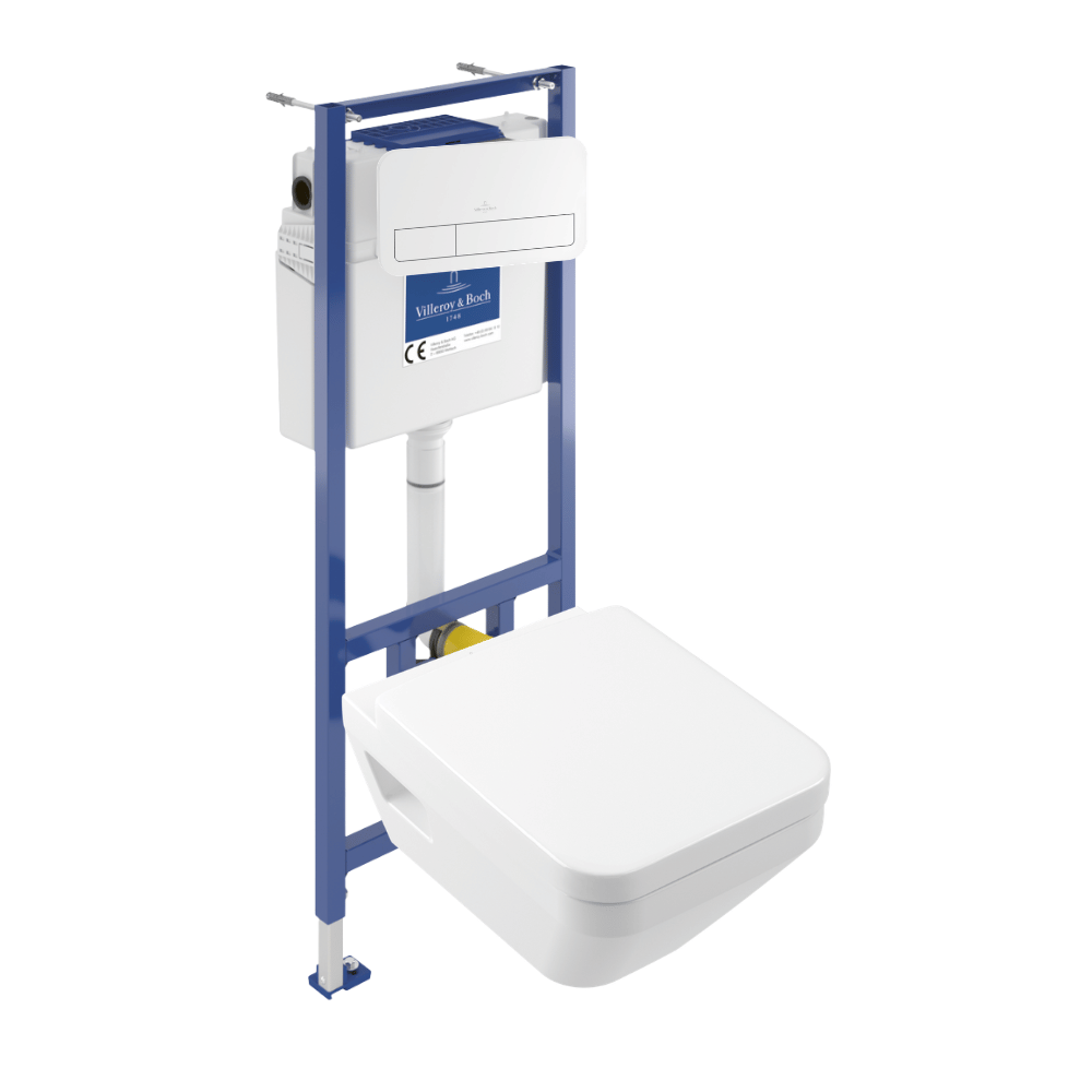 Pack WC suspendu sans bride Villeroy & Boch Architectura Twistflush e3 rectangle + bâti-support sol et mur + plaque blanc