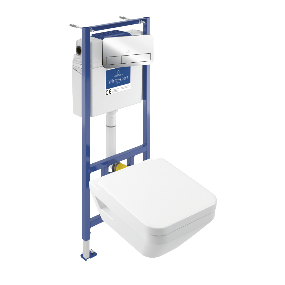 Pack WC suspendu sans bride Villeroy & Boch Architectura Twistflush e3 rectangle+bâti-support sol et mur+plaque chrome brillant