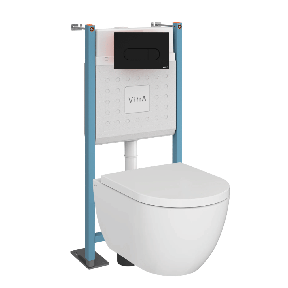 Pack WC suspendu sans bride VitrA M60 VortexFlush Round + abattant frein de chute + Bâti support autoportant + Plaque Noir mat