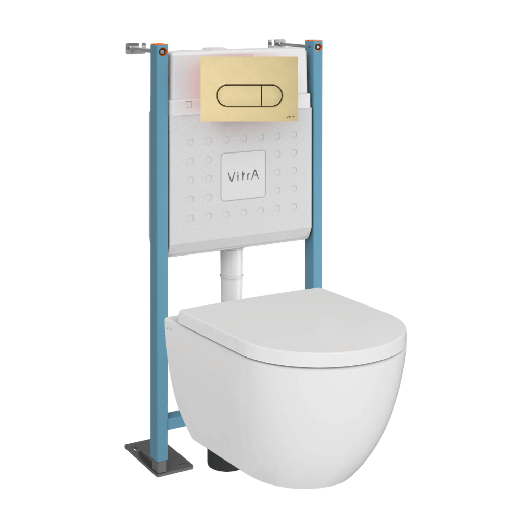 Pack WC suspendu sans bride VitrA M60 VortexFlush Round + abattant frein de chute + Bâti support autoportant + Plaque Or brossé