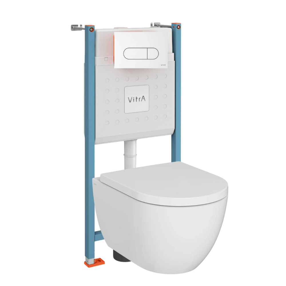 Pack WC suspendu sans bride VitrA M60 VortexFlush Round + abattant frein de chute + Bâti support mur porteur + Plaque Blanc