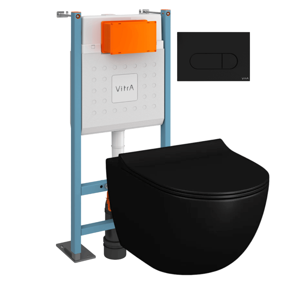 Pack WC suspendu VitrA Sento noir + bâti autoportant V-Fix Core + Plaque Round Noir mat