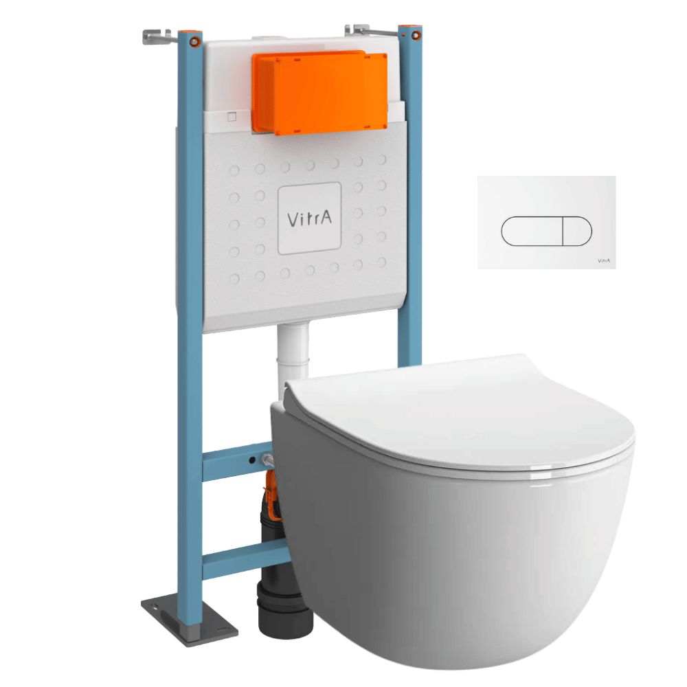 Pack WC suspendu VitrA Sento blanc + bâti autoportant V-Fix Core + Plaque Round Blanche