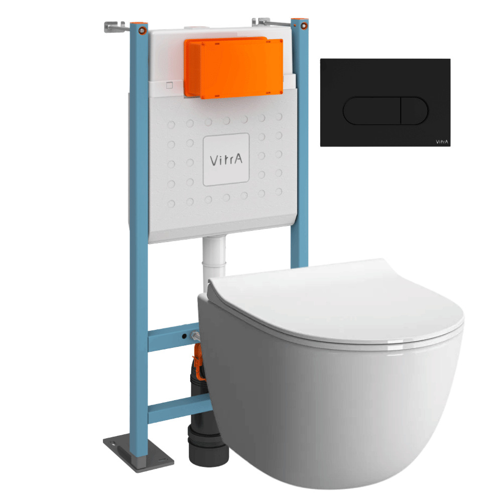 Pack WC suspendu VitrA Sento blanc + bâti autoportant V-Fix Core + Plaque Round Noir mat
